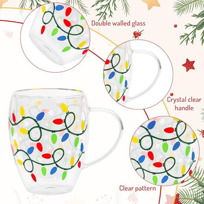 Colorful Xmas Light Bulb Double Wall Glass Coffee Mugs Set of 2 - 12Oz Holiday Drinkware