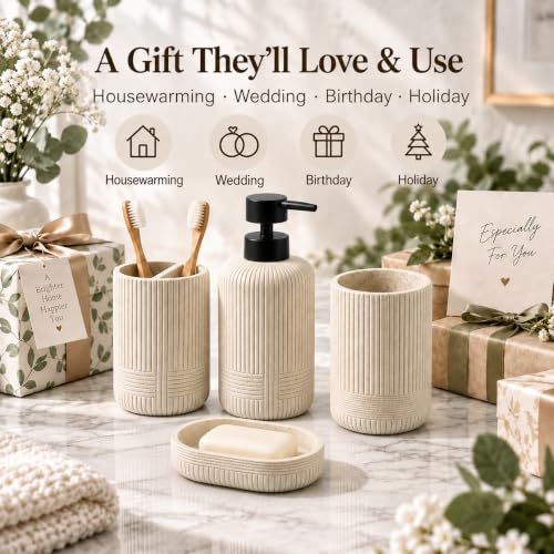 Beige Bathroom Accessory Set 4 Pieces - Toothbrush Holder, Soap Dish, Lotion Bottle, Cup - Resin