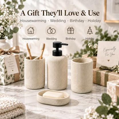 Beige Bathroom Accessory Set 4 Pieces - Toothbrush Holder, Soap Dish, Lotion Bottle, Cup - Resin