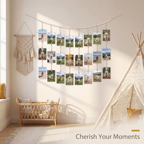 Hanging Photo Display with Clips and Wooden Beads - Boho Wall Decor