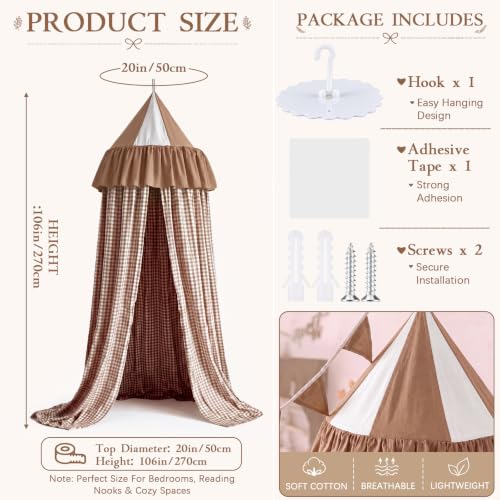 Beige Cotton Gingham Bed Canopy for Cribs & Twin Beds - Dreamy Nap Decor