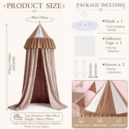 Beige Cotton Gingham Bed Canopy for Cribs & Twin Beds - Dreamy Nap Decor