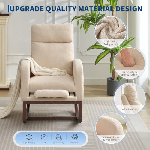 Nursery Rocking Chair with Adjustable Footrest & Side Pocket - Teddy Fleece-Beige