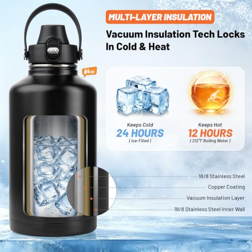 Premium 64oz Insulated Water Bottle Leak Proof with Carrier Bag - Black