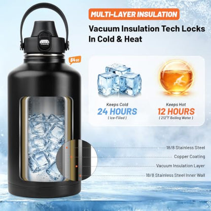 Premium 64oz Insulated Water Bottle Leak Proof with Carrier Bag - Black