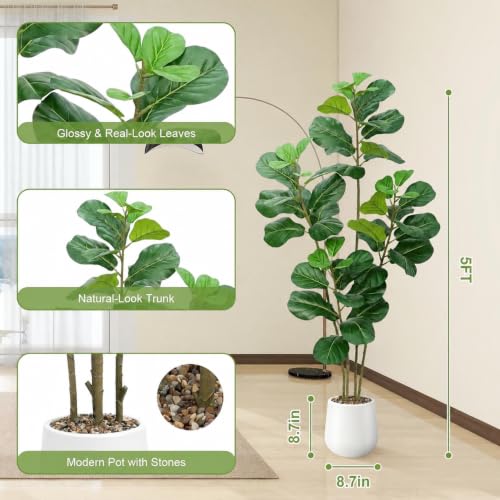 Faux Fiddle Leaf Fig Tree 5ft with White Planter - Green Variation
