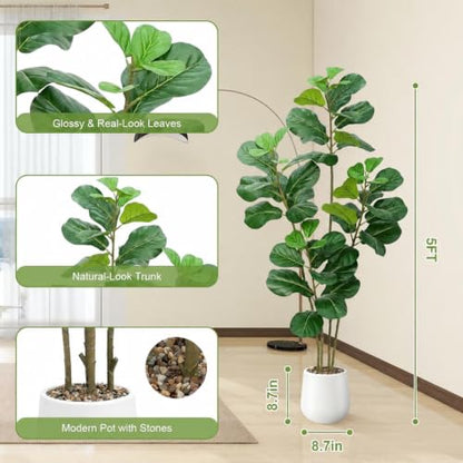 Faux Fiddle Leaf Fig Tree 5ft with White Planter - Green Variation