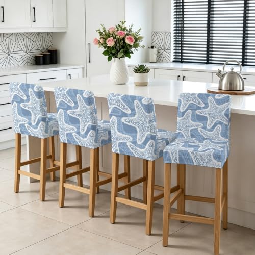 Blue Nautical Starfish Bar Stool Covers Set of 6 - Coastal Stretch Dining Chair Slipcovers