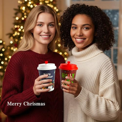 50 Pack Christmas Disposable Coffee Cups with Lids & Sleeves - 12 Oz Vintage Xmas Paper Cups for Hot & Cold Drinks