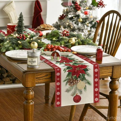 Christmas Table Runner 13x48 Inches Poinsettia Holiday Home Decor - Red