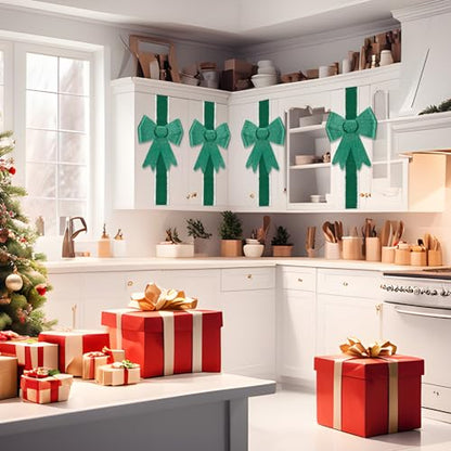 Green Christmas Cabinet Bow Set with Velvet Ribbon - 16 Pre-Tied Bows & Decor