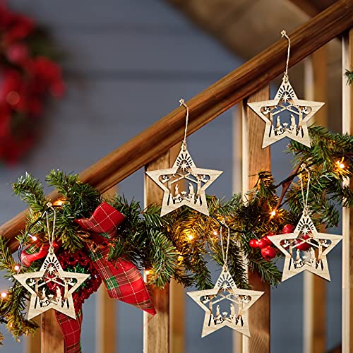 Christmas Nativity Scene Wooden Ornaments Set - Star Shaped, 12 Pieces