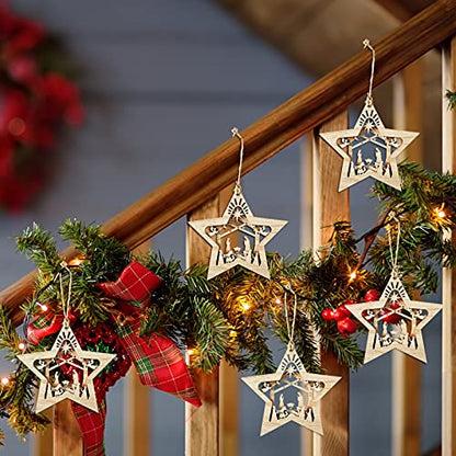 Christmas Nativity Scene Wooden Ornaments Set - Star Shaped, 12 Pieces