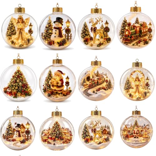 12pcs Glowing Christmas Ornaments Mini Gold Light-Up Holiday Decor with Scene Inside