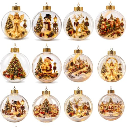 12pcs Glowing Christmas Ornaments Mini Gold Light-Up Holiday Decor with Scene Inside