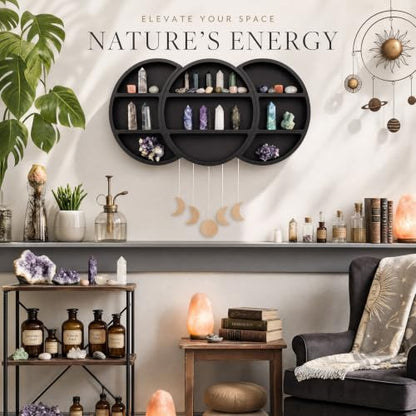 Moon Shelf Set Black Pine Crescent Wall Shelves for Crystals & Decor