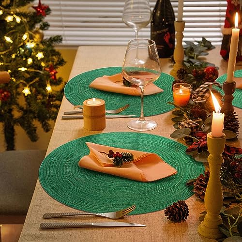 Christmas Green Braided Placemats Set of 6 - 15 Inch Woven Table Mats for Dining & Home Decor