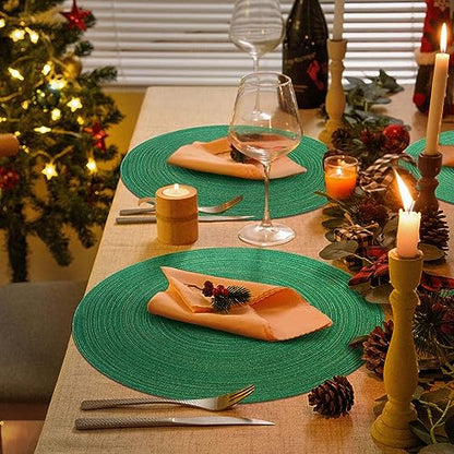 Christmas Green Braided Placemats Set of 6 - 15 Inch Woven Table Mats for Dining & Home Decor