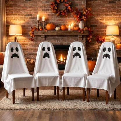 Halloween Ghost & Pumpkin Chair Covers Set - 4 Pieces, Festive Seat Wraps (Variation of Ghost)