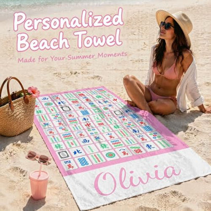 Personalized Mahjong Beach Towel with Name - Pink Tile Pattern, Microfiber, Custom Design - Design 31
