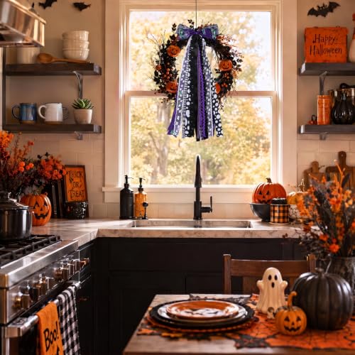 Halloween Wreath Sash for Front Door Black & Purple Ribbon Bows with Clip - Spooky Seasonal Decor