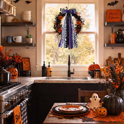 Halloween Wreath Sash for Front Door Black & Purple Ribbon Bows with Clip - Spooky Seasonal Decor