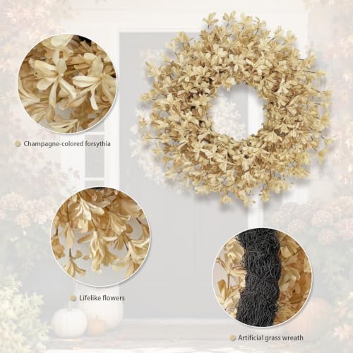 Beige Fall Wreath for Front Door - 24 Inch Autumn Forsythia Decor - GinzeTop