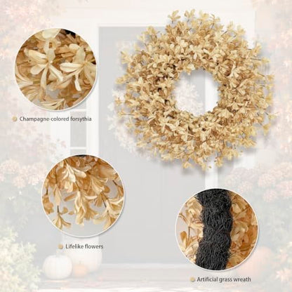 Beige Fall Wreath for Front Door - 24 Inch Autumn Forsythia Decor - GinzeTop