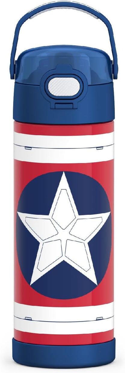THERMOS FUNTAINER 16 Ounce Stainless Steel Insulated Bottle - Wide Spout Lid, Captain America Design