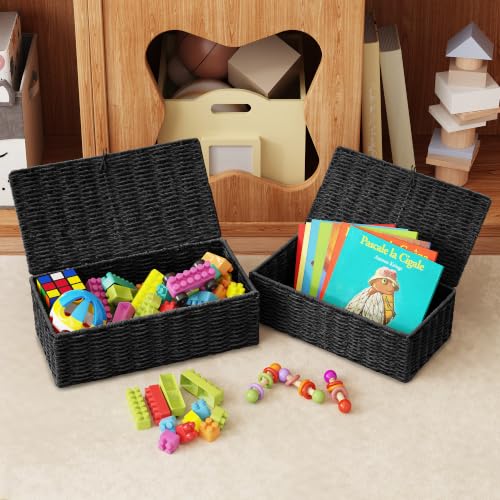 Black Wicker Storage Baskets with Lids - Set of 2 Handwoven Organizers
