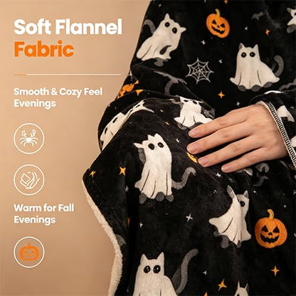 Halloween Throw Blanket Grid Pumpkin Cat Bat Ghost Flannel Design09 - Cozy Festive Home Decor Gift