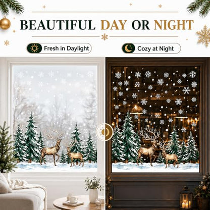 Christmas Window Clings Snowflake and Deer Set - Holiday Decor Stickers with Double-Sided Design - Festive Winter Decorations