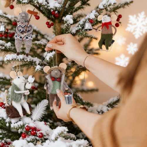 Christmas Felt Mouse Ornaments Set of 4 - Holiday Wool Decorations for Tree Wreath Gift