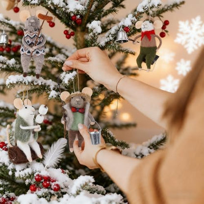 Christmas Felt Mouse Ornaments Set of 4 - Holiday Wool Decorations for Tree Wreath Gift