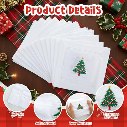 Christmas Linen Cocktail Napkins Set - Hemstitch 6 Pack - Xmas Tree Variation