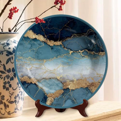W1 Blue Gold Marble Agate Melamine Decorative Plate 10.6x10.6inch