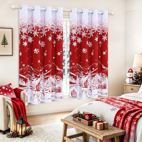 Red Christmas Curtains for Living Room 52 x 63 Inches Snowflake Holiday Drapes - Pack of 2