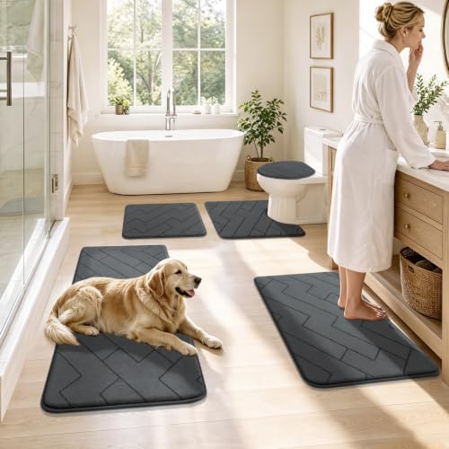 YIHOUSE 3-Piece Bathroom Rug Set Dark Grey Geometric Memory Foam Bath Mats