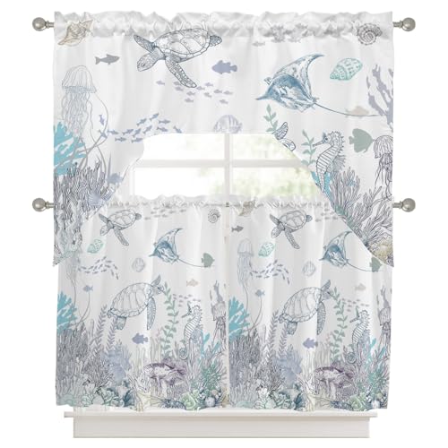 JasmineM 3 Piece Coastal Watercolor Kitchen Curtain Set - 27.5"W x 24"L