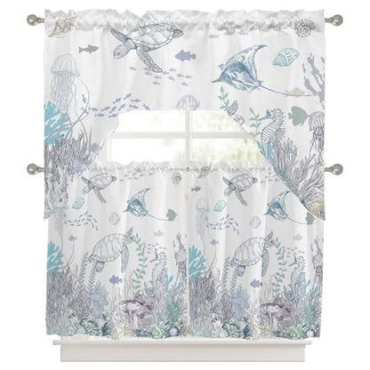 JasmineM 3 Piece Coastal Watercolor Kitchen Curtain Set - 27.5"W x 24"L