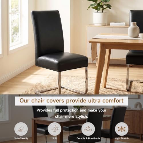 Waterproof PU Leather Dining Chair Covers Set of 4 - Black, Elastic Fit
