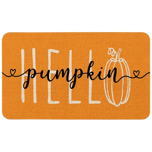 Hello Pumpkin Fall Front Door Mat - Orange Autumn Welcome Doormat 17x30 Inches