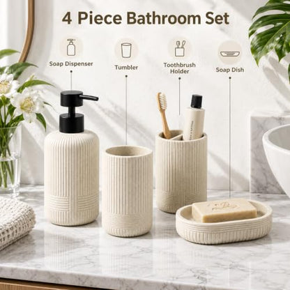 Beige Bathroom Accessory Set 4 Pieces - Toothbrush Holder, Soap Dish, Lotion Bottle, Cup - Resin