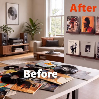 Wall Mount Vinyl Record Holder - Large Wooden Display Shelf for 8-12 LPs