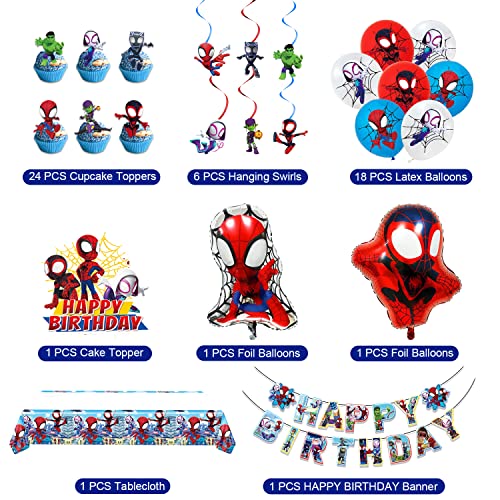 Spidey Birthday Party Decorations Set - Banner, Balloons, Cake Toppers & More
