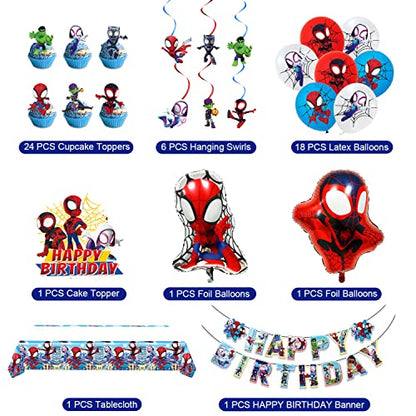 Spidey Birthday Party Decorations Set - Banner, Balloons, Cake Toppers & More