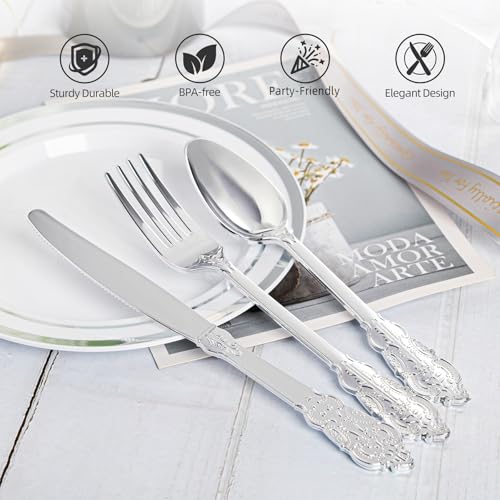 Silver Plastic Silverware Set 300PCS Vintage Disposable Utensils & Cutlery - Silver / 300PCS
