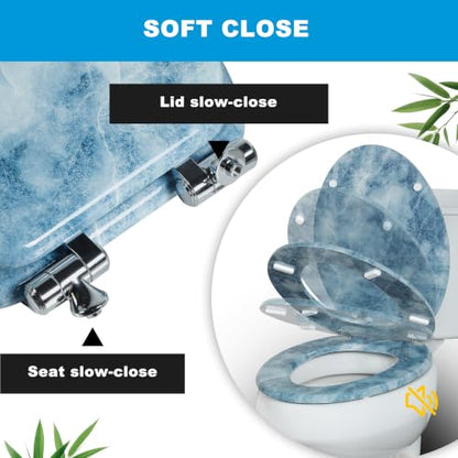 Elongated Wooden Toilet Seat with Soft Close - Blue Marble, 18.5"