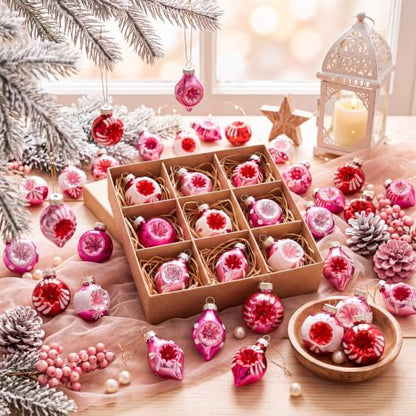 Vintage Christmas Glass Ornaments Set - Retro Pink & White Reflector Balls, 40 Pcs