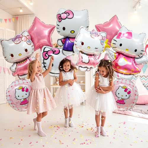 Pink Hello Cat Birthday Balloons - 10 Pack Foil Party Decorations
